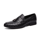 Men's Croc Embossed Woven Tassel Loafers Classic Slip On Casual Shoes Dark Brown