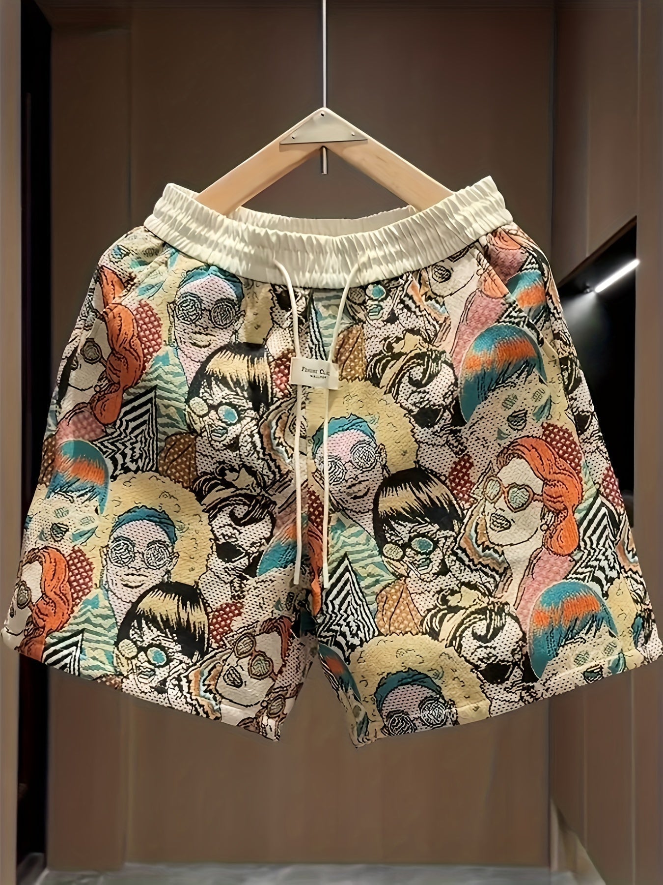 Men's All Over Comic Graphic Print Shorts With Elastic Waistband And Drawstring