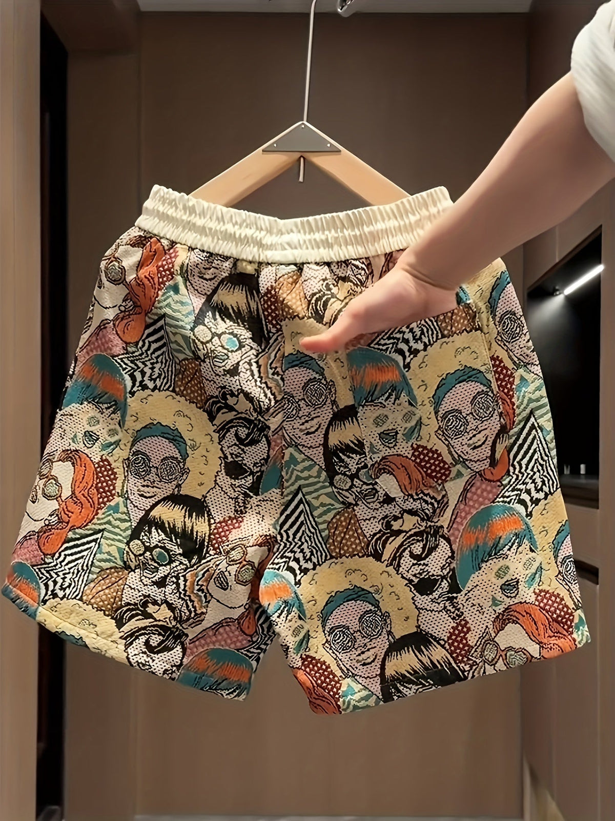 Men's All Over Comic Graphic Print Shorts With Elastic Waistband And Drawstring