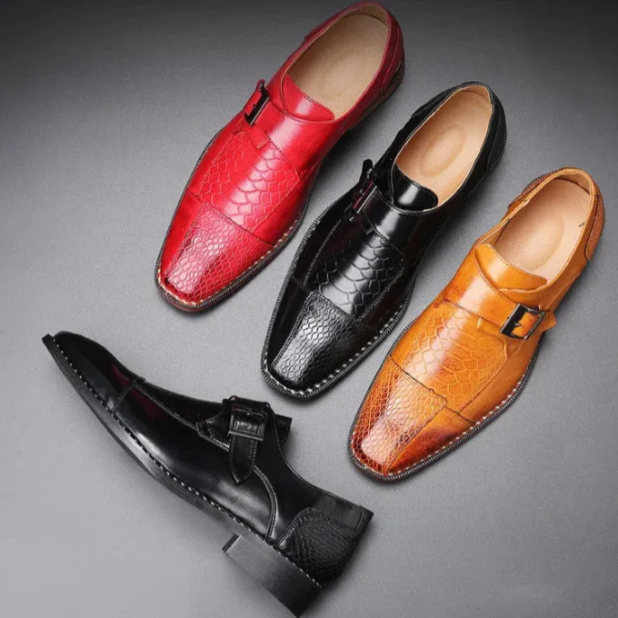 Mens Crocodile Embossed Leather Monk Strap Flats With Stitched Detail Sole