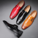 Mens Crocodile Embossed Leather Monk Strap Flats With Stitched Detail Sole