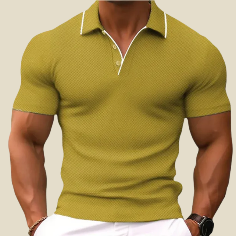 Mens Waffle Knit Polo Shirt Short Sleeve Contrast Collar Slim Cut