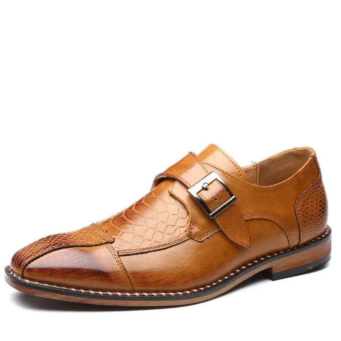 Mens Crocodile Embossed Leather Monk Strap Flats With Stitched Detail Sole