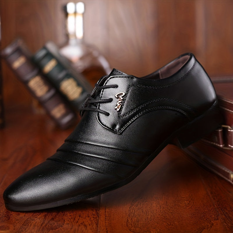Mens Patent Leather Ribbed Derby Shoes With Pointed Toe Lace Up Black