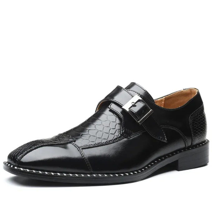 Mens Crocodile Embossed Leather Monk Strap Flats With Stitched Detail Sole