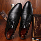 Mens Patent Leather Ribbed Derby Shoes With Pointed Toe Lace Up Black