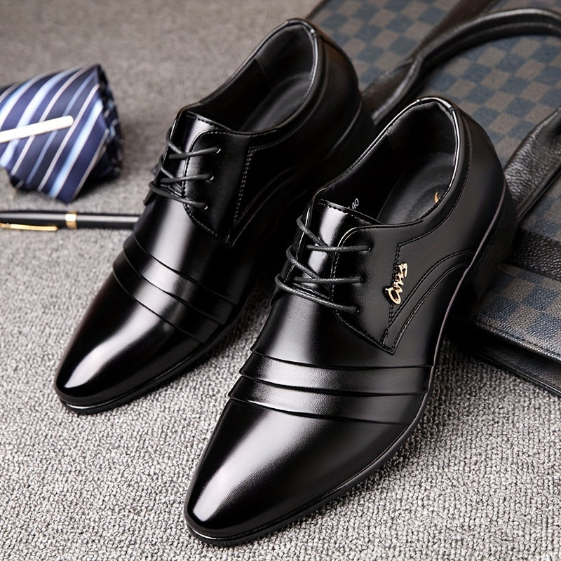 Mens Patent Leather Ribbed Derby Shoes With Pointed Toe Lace Up Black