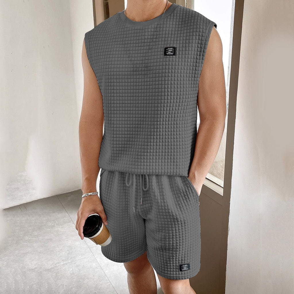 Men's Waffle Knit Sleeveless Top And Shorts Two Piece Set With Drawstring