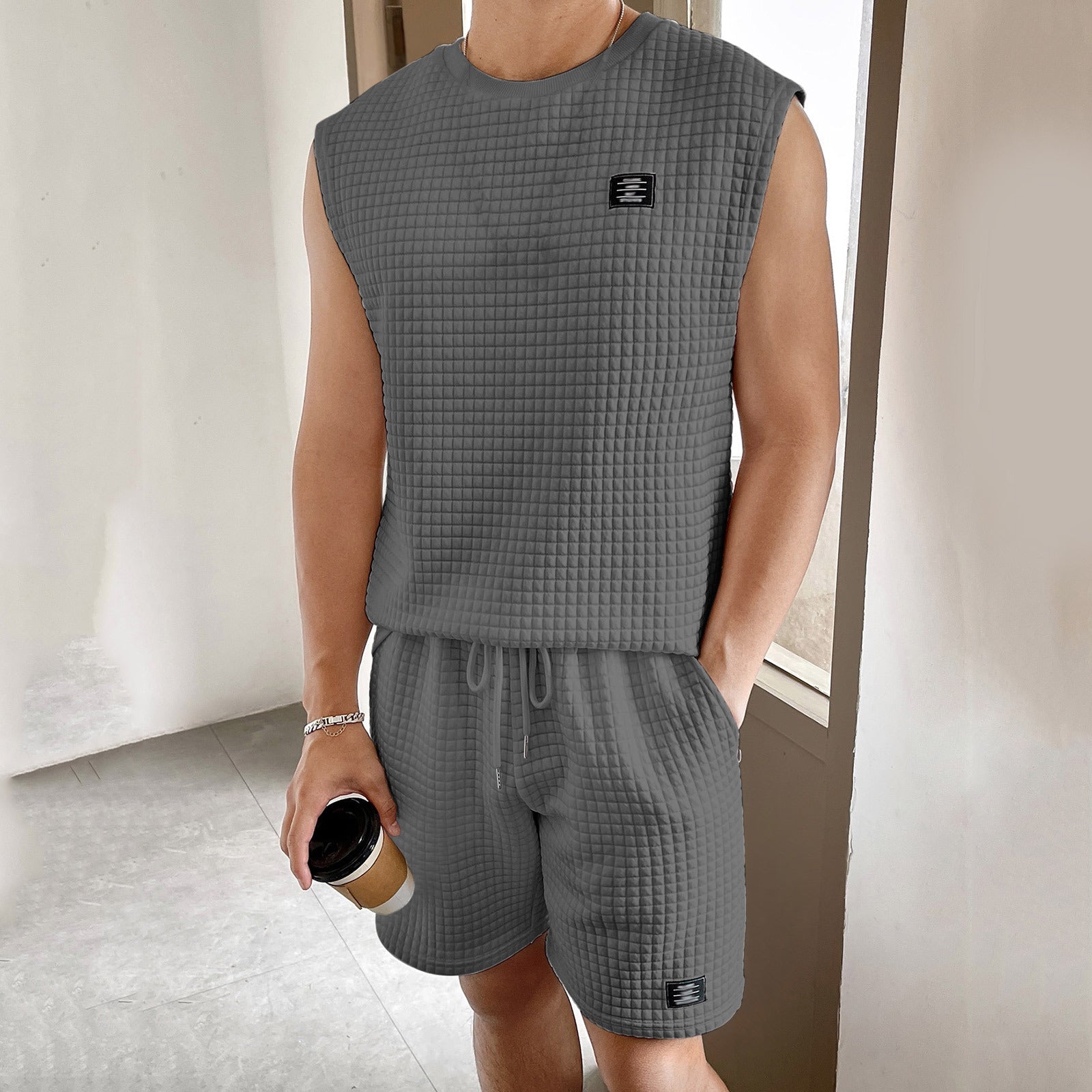 Men's Waffle Knit Sleeveless Top And Shorts Two Piece Set With Drawstring