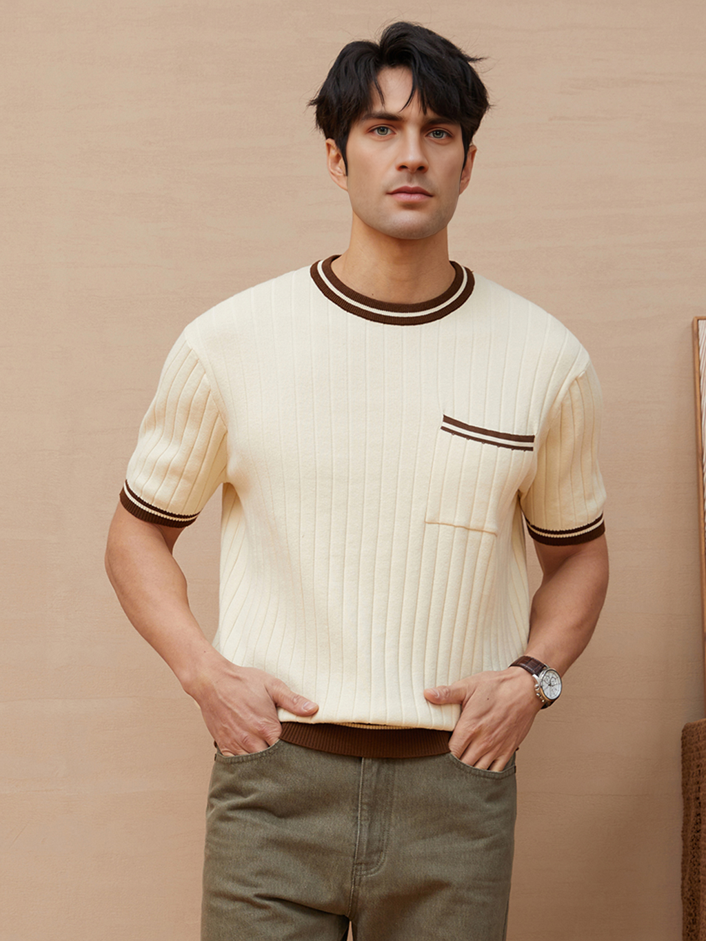 Mens Knit Crew Neck Top With Contrast Striped Trim And Chest Pocket