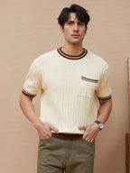Mens Knit Crew Neck Top With Contrast Striped Trim And Chest Pocket