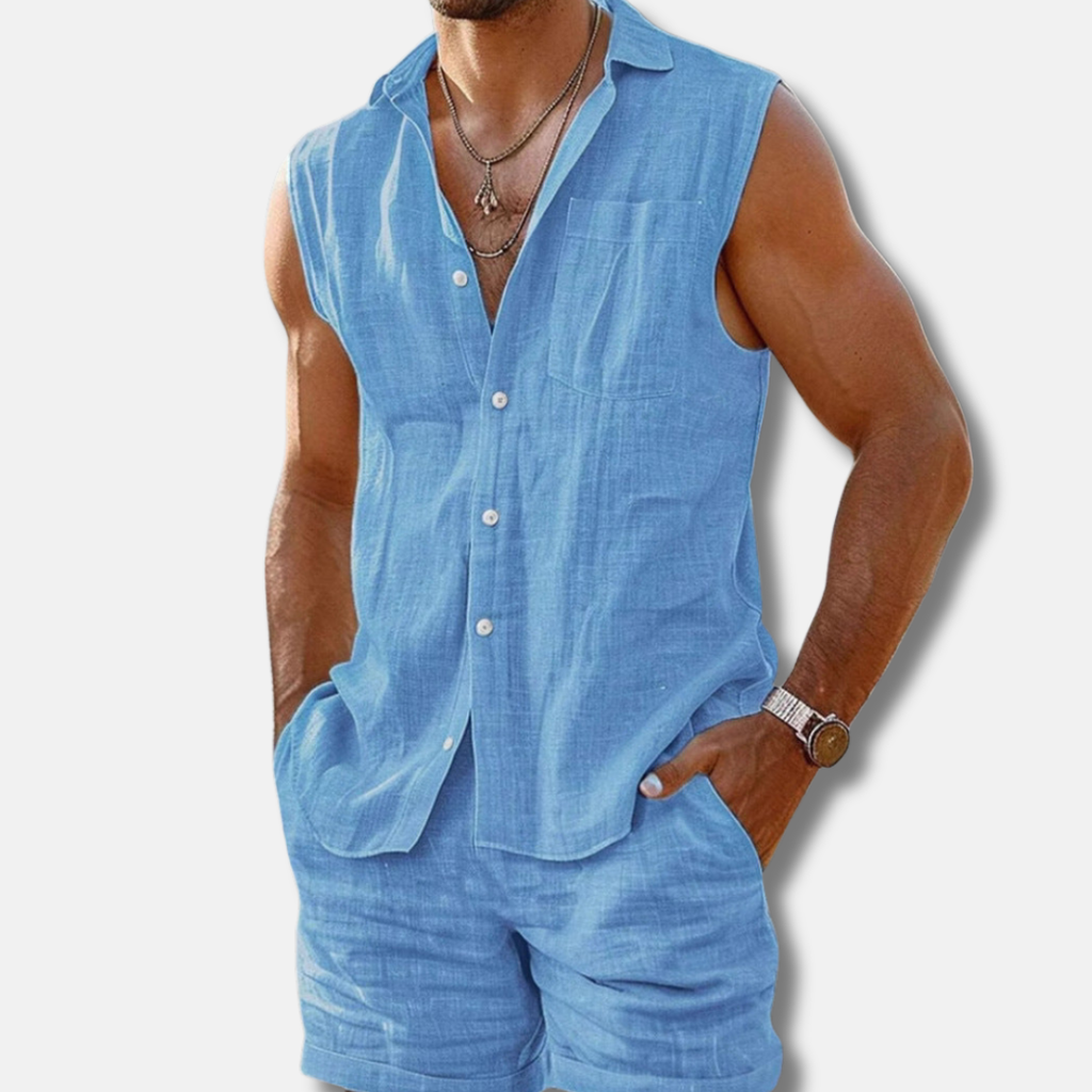 Mens Natural Linen Two Piece Set Sleeveless Collared Shirt With Matching Shorts