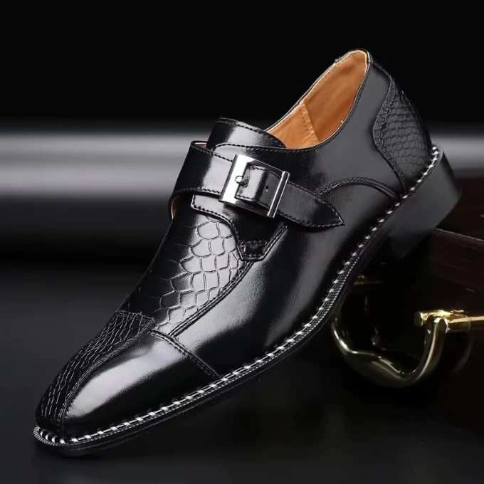 Mens Crocodile Embossed Leather Monk Strap Flats With Stitched Detail Sole