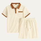 Mens Two Piece Polo Shirt And Drawstring Shorts Set With Contrast Collar