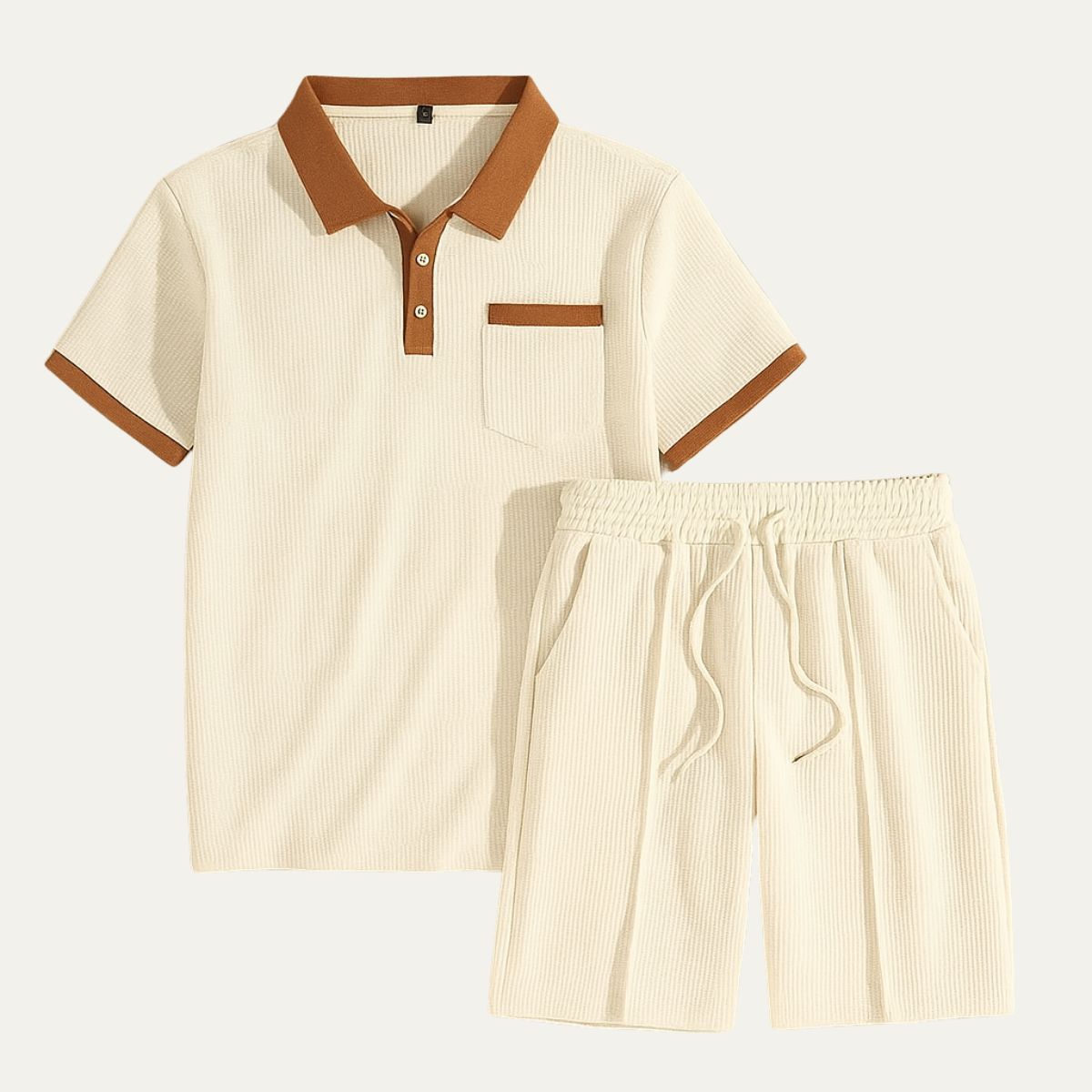 Mens Two Piece Polo Shirt And Drawstring Shorts Set With Contrast Collar
