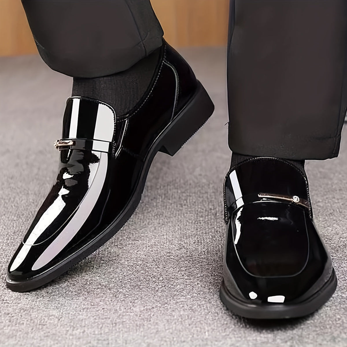 Men's Patent Leather Penny Loafers Pointed Toe Slip On Dress Shoes
