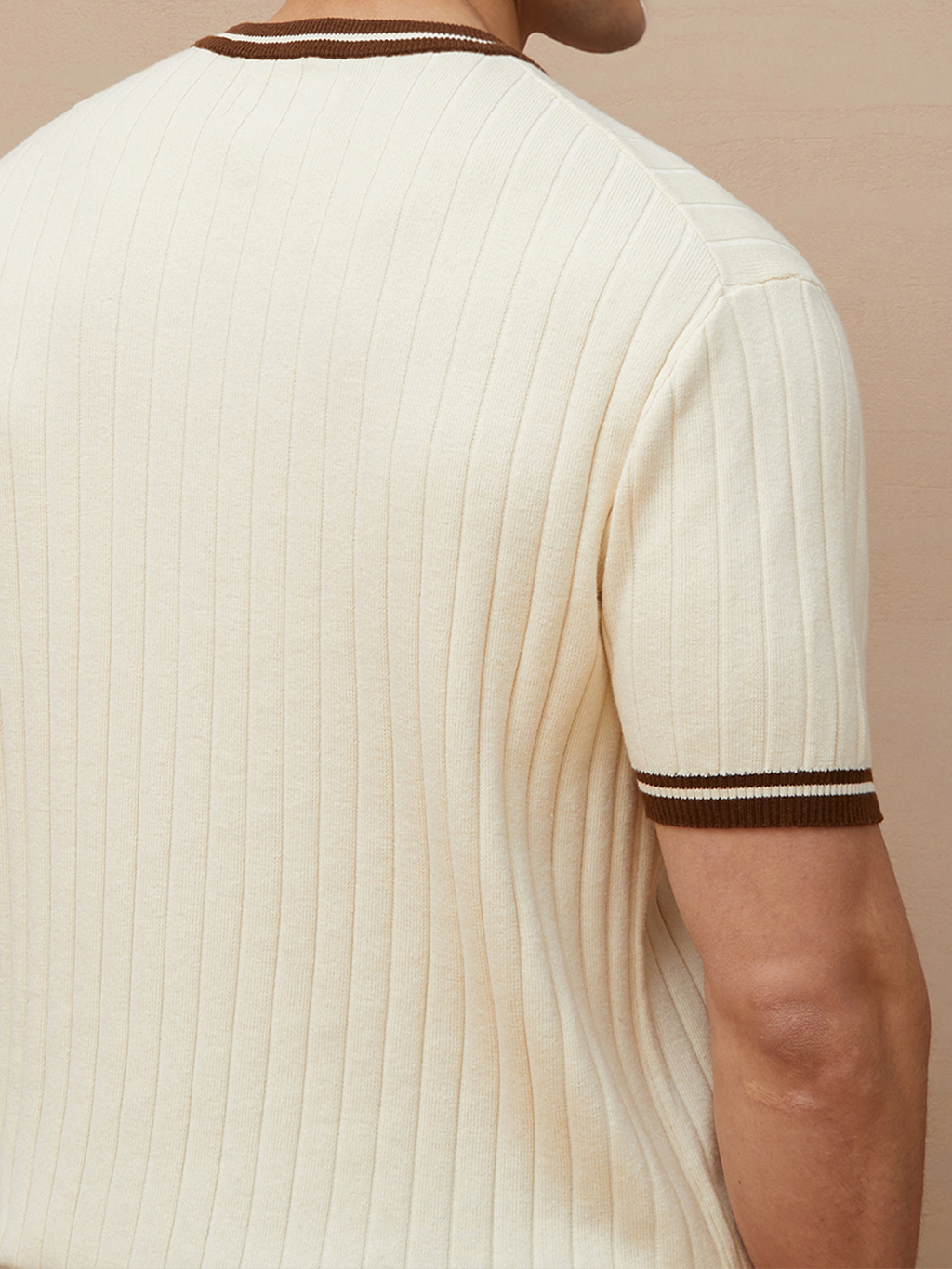Mens Knit Crew Neck Top With Contrast Striped Trim And Chest Pocket