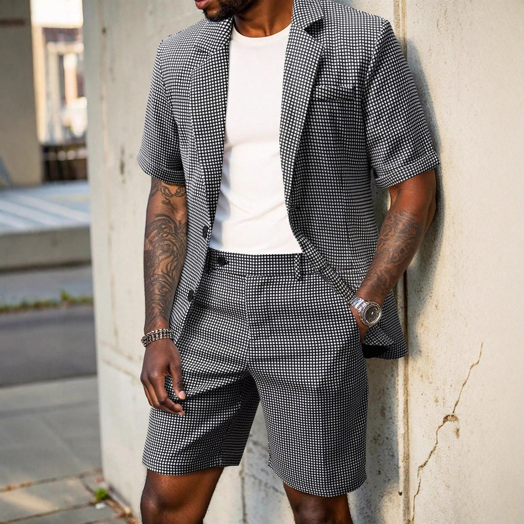 Men's Check Two-Piece Suit Short Sleeve Blazer And Matching Shorts