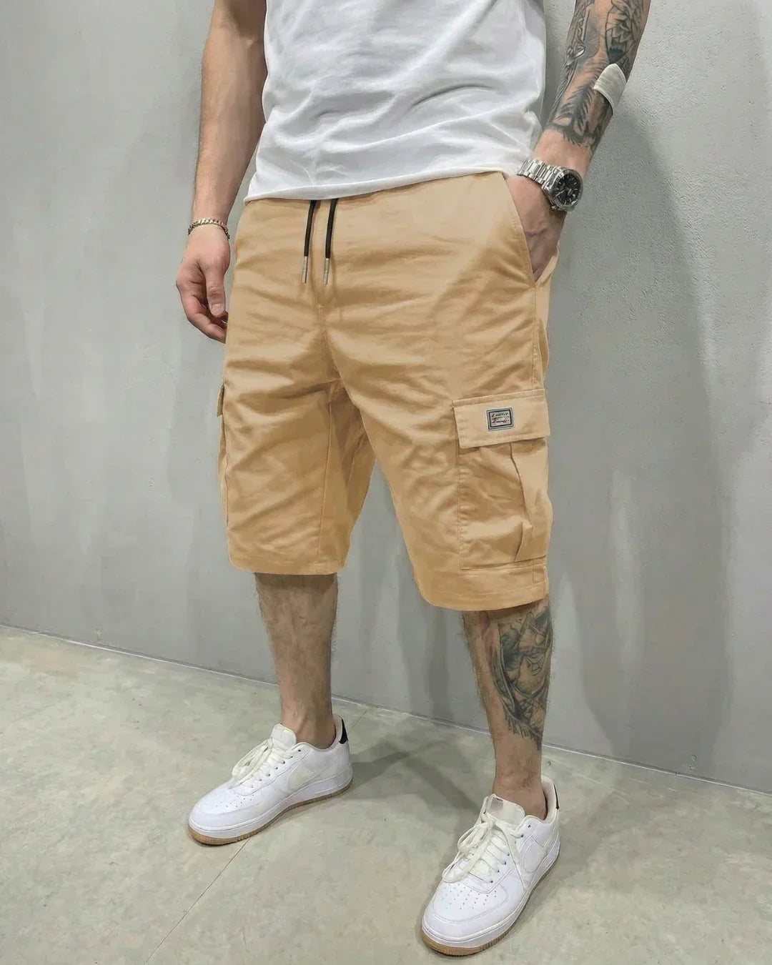 Mens Cargo Shorts With Drawstring Waist And Large Flap Pockets