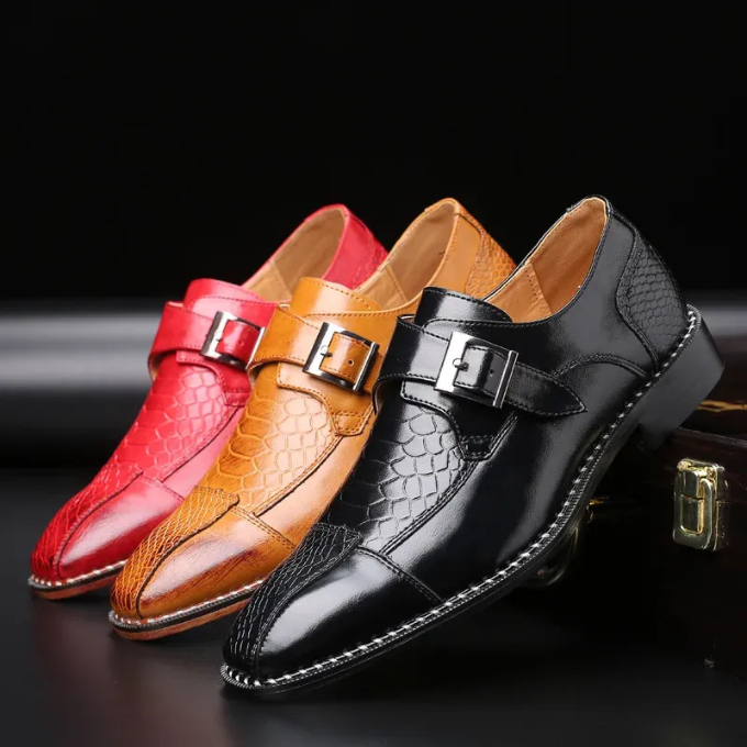 Mens Crocodile Embossed Leather Monk Strap Flats With Stitched Detail Sole