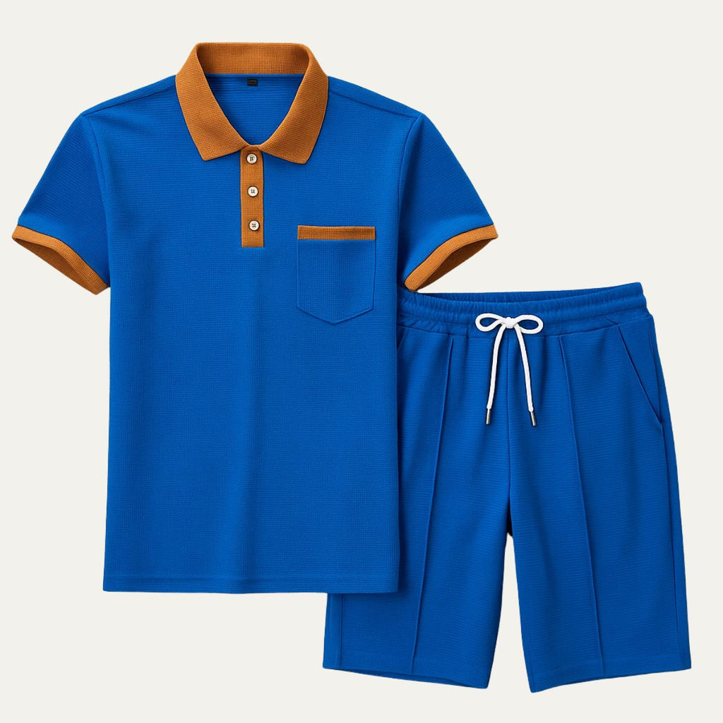 Mens Two Piece Polo Shirt And Drawstring Shorts Set With Contrast Collar