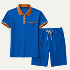 Mens Two Piece Polo Shirt And Drawstring Shorts Set With Contrast Collar
