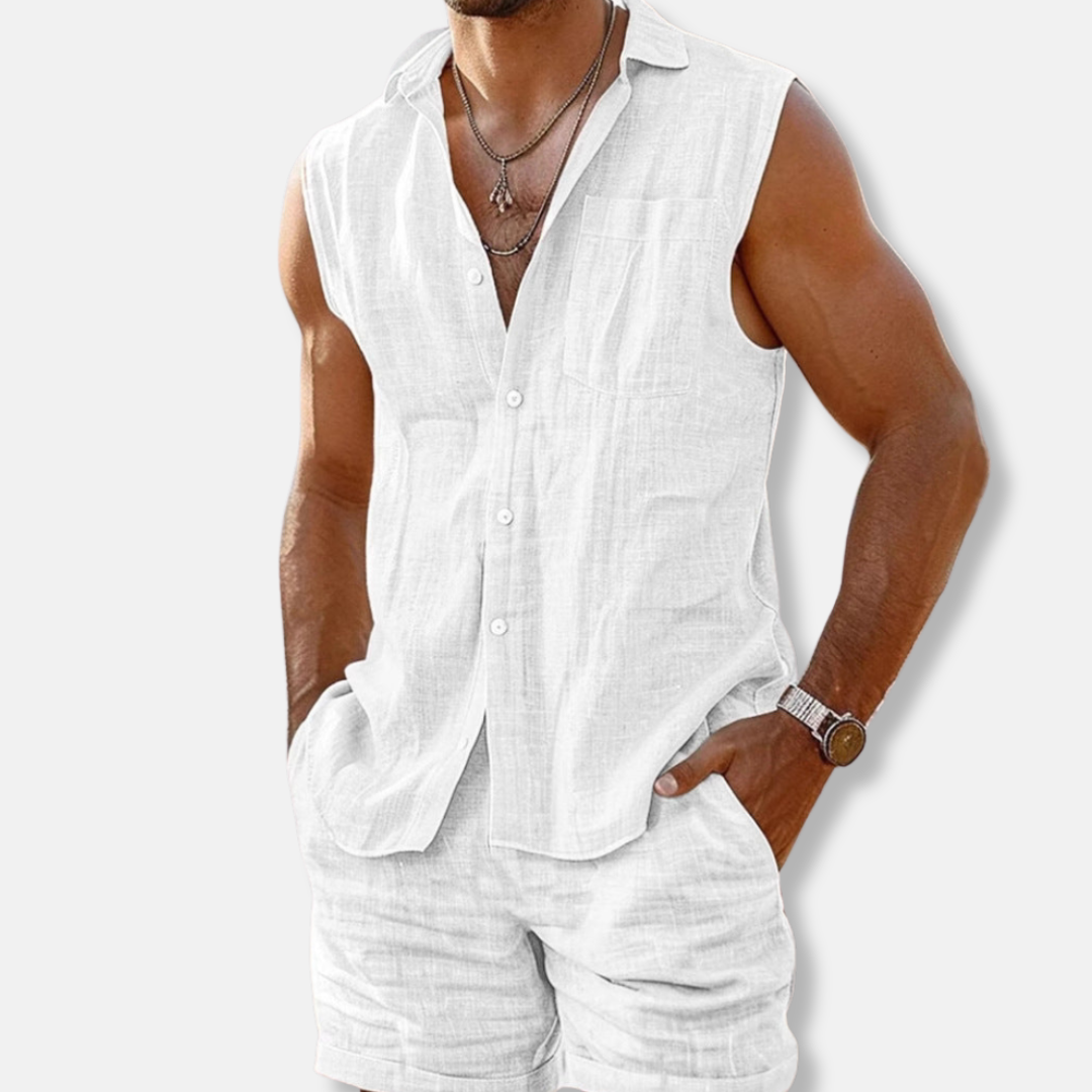 Mens Natural Linen Two Piece Set Sleeveless Collared Shirt With Matching Shorts