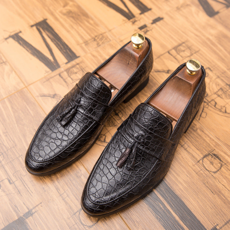 Men's Croc Embossed Woven Tassel Loafers Classic Slip On Casual Shoes Dark Brown