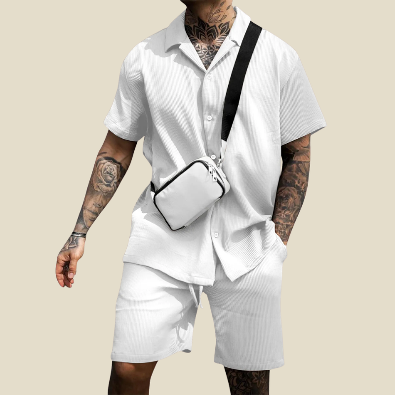 Breeze Mens Premium Linen Two Piece Set Relaxed Fit Shirt Shorts