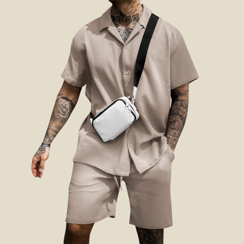 Breeze Mens Premium Linen Two Piece Set Relaxed Fit Shirt Shorts