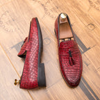 Men's Croc Embossed Woven Tassel Loafers Classic Slip On Casual Shoes Dark Brown