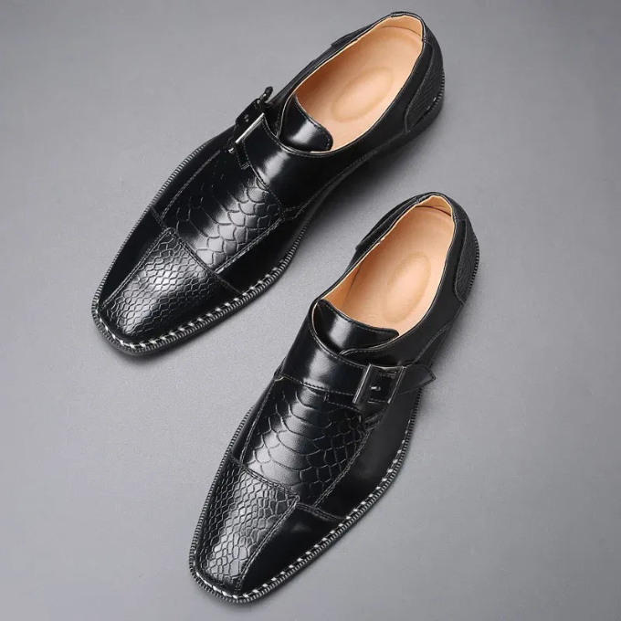 Mens Crocodile Embossed Leather Monk Strap Flats With Stitched Detail Sole