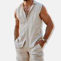 Mens Natural Linen Two Piece Set Sleeveless Collared Shirt With Matching Shorts