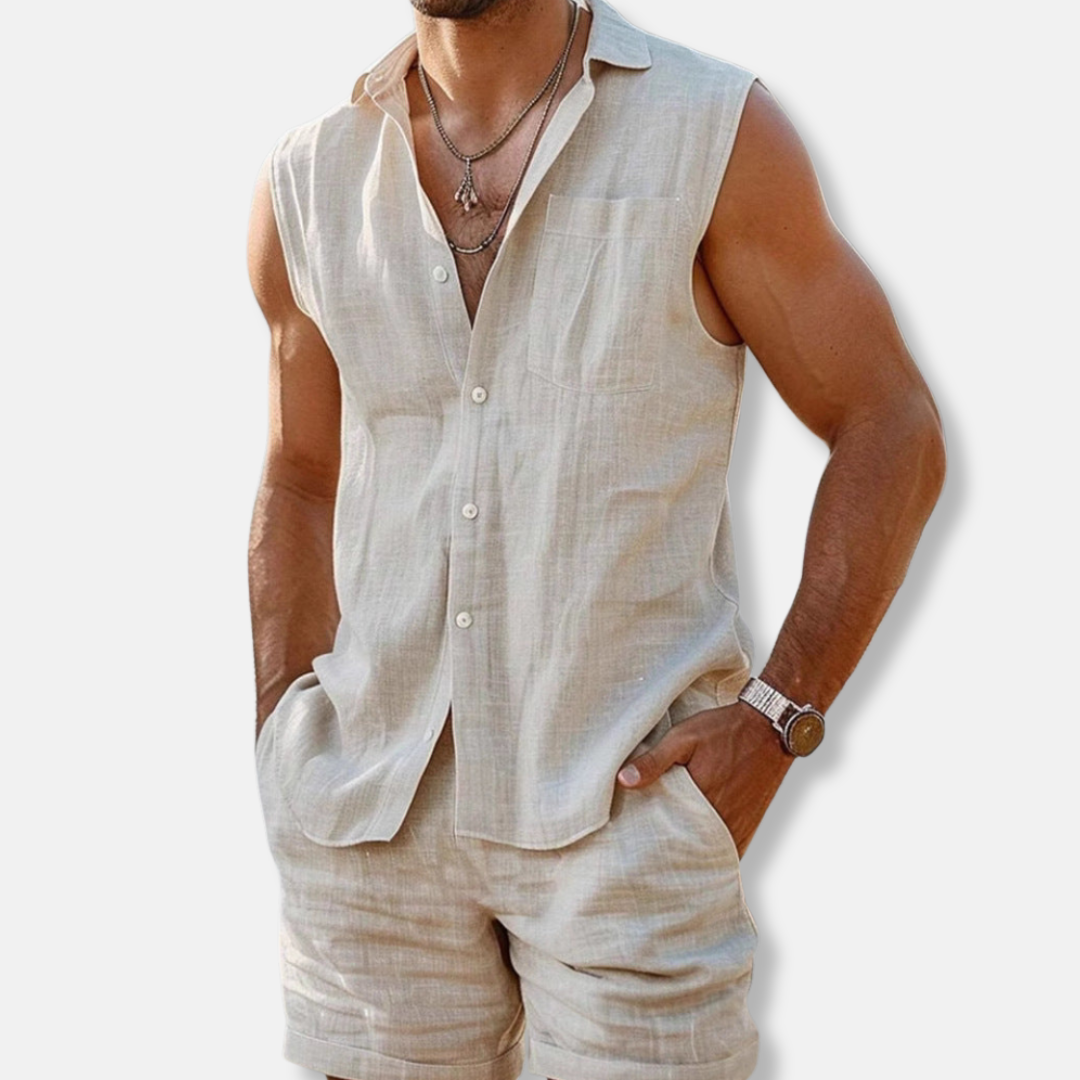 Mens Natural Linen Two Piece Set Sleeveless Collared Shirt With Matching Shorts
