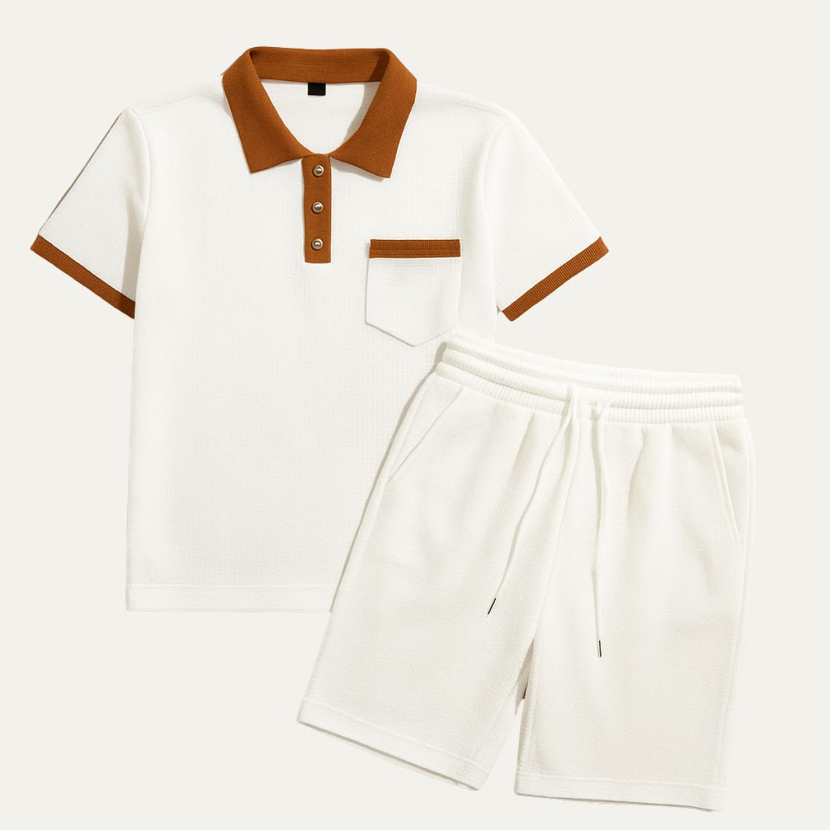 Mens Two Piece Polo Shirt And Drawstring Shorts Set With Contrast Collar