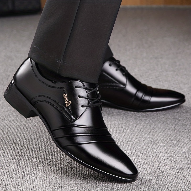 Mens Patent Leather Ribbed Derby Shoes With Pointed Toe Lace Up Black