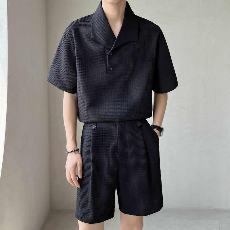 Mens Waffle Knit Short Sleeve Shirt With Matching Tailored Shorts Set
