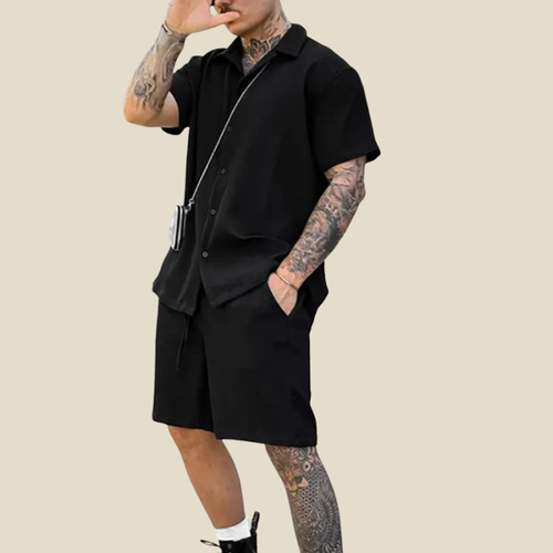 Breeze Mens Premium Linen Two Piece Set Relaxed Fit Shirt Shorts