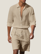 Coastal Mens Linen Two Piece Set With Long Sleeve Button Shirt And Shorts