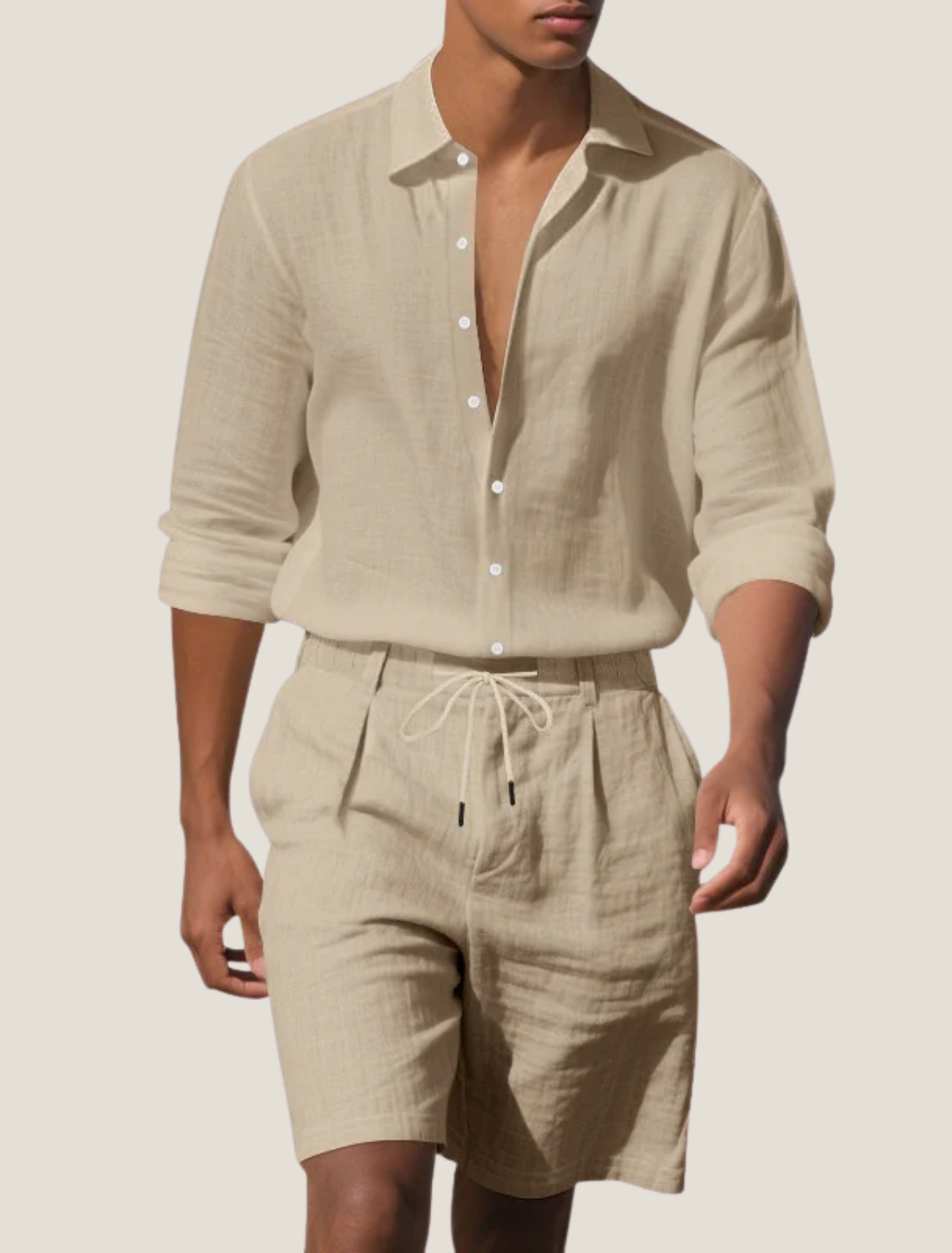 Coastal Mens Linen Two Piece Set With Long Sleeve Button Shirt And Shorts
