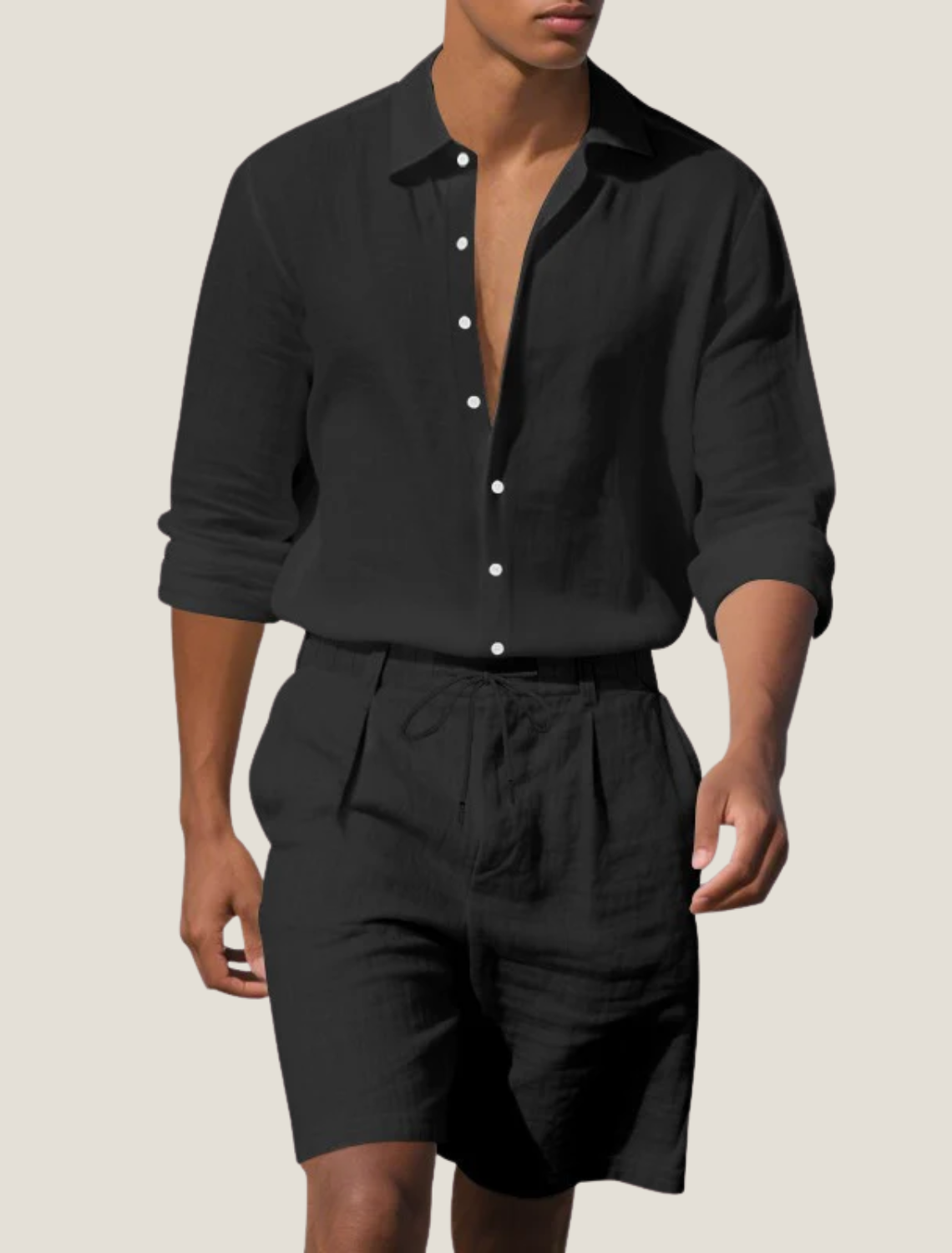Coastal Mens Linen Two Piece Set With Long Sleeve Button Shirt And Shorts