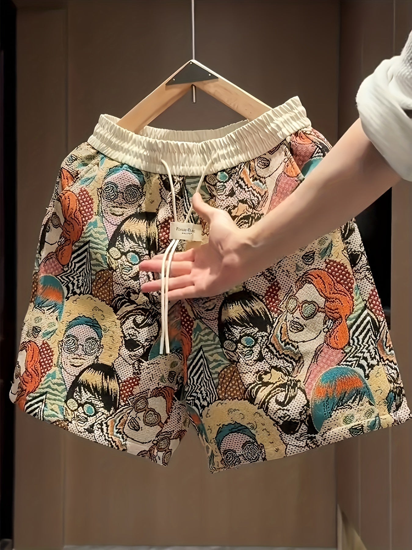 Men's All Over Comic Graphic Print Shorts With Elastic Waistband And Drawstring