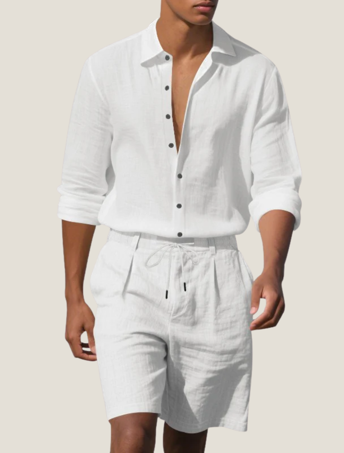 Coastal Mens Linen Two Piece Set With Long Sleeve Button Shirt And Shorts