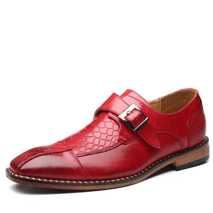 Mens Crocodile Embossed Leather Monk Strap Flats With Stitched Detail Sole