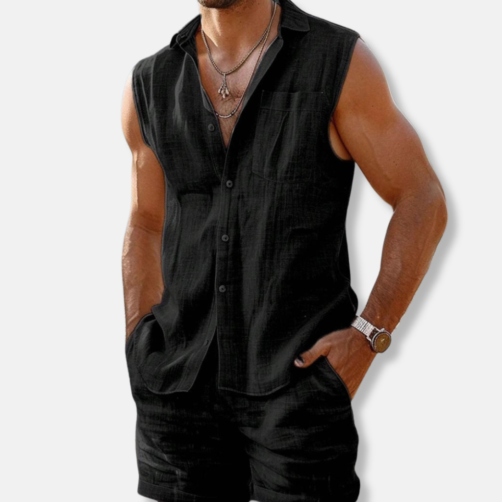 Mens Natural Linen Two Piece Set Sleeveless Collared Shirt With Matching Shorts