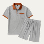 Mens Two Piece Polo Shirt And Drawstring Shorts Set With Contrast Collar
