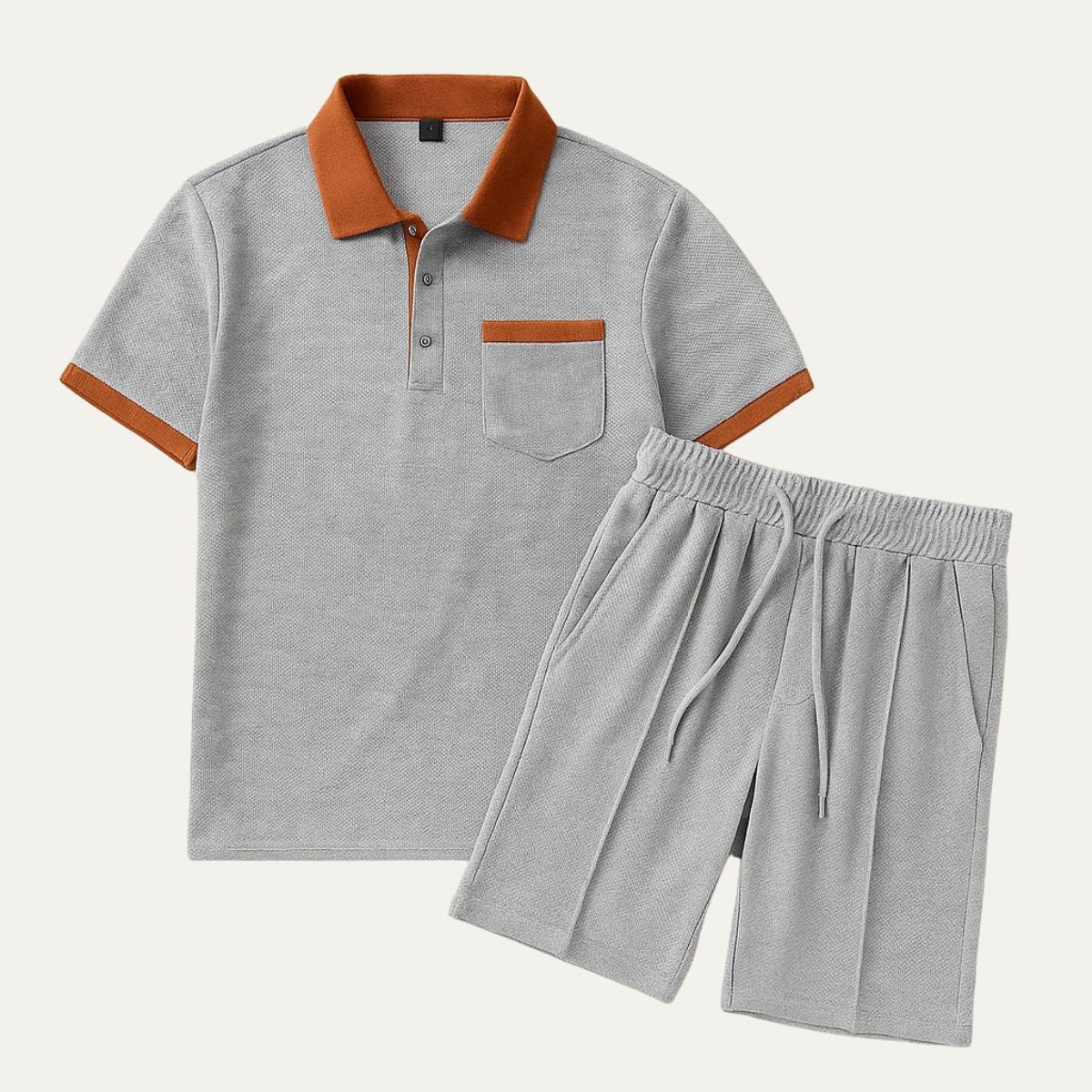 Mens Two Piece Polo Shirt And Drawstring Shorts Set With Contrast Collar