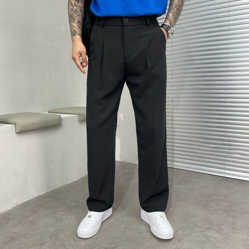 Men's Tailored Wide Leg Dress Trousers With Double Pleats And Belt Loops