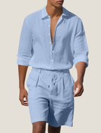 Coastal Mens Linen Two Piece Set With Long Sleeve Button Shirt And Shorts