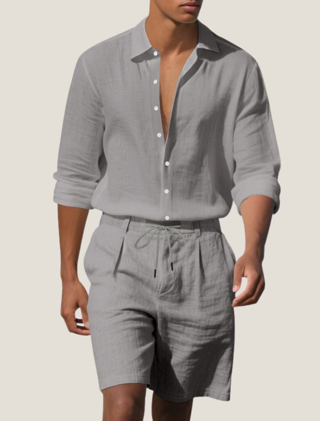 Coastal Mens Linen Two Piece Set With Long Sleeve Button Shirt And Shorts